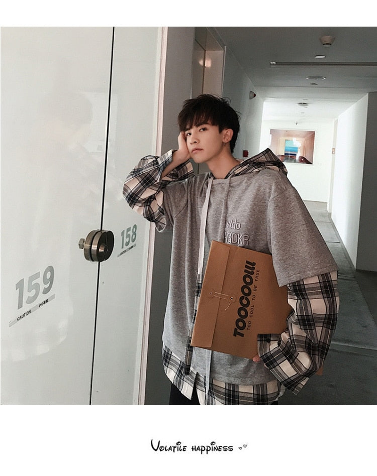 Men Streetwear Plaid Hooded Hoodies 2020 Man Patchwork Embroidery Harajuku Sweatshirts Male Hip Hop Fashions Hoodies