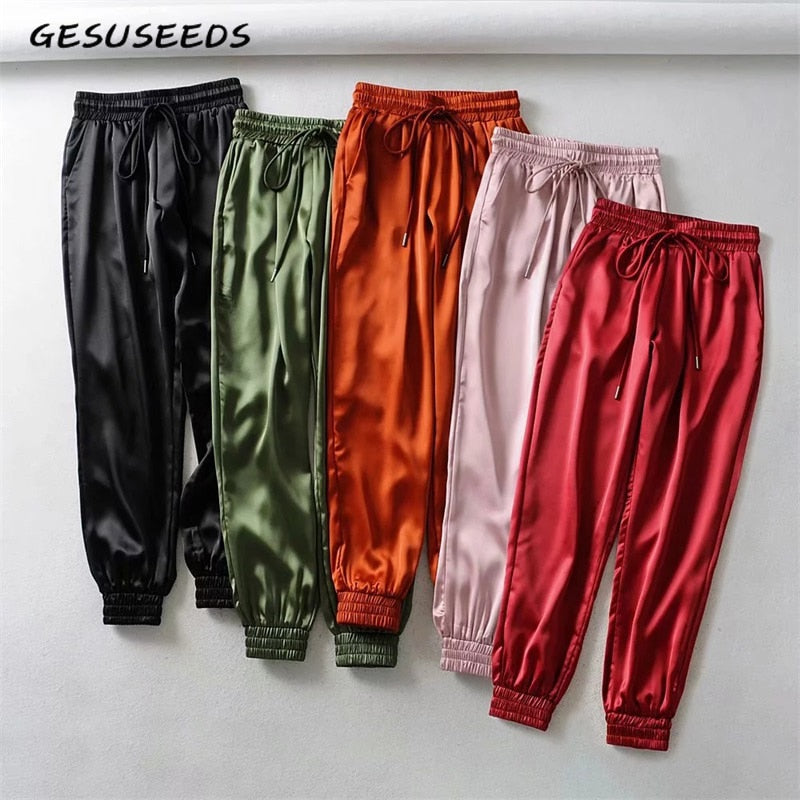 Autumn Black satin joggers women trousers high waist pants pink sweat pants green satin pants women sweatpants Winter 2019