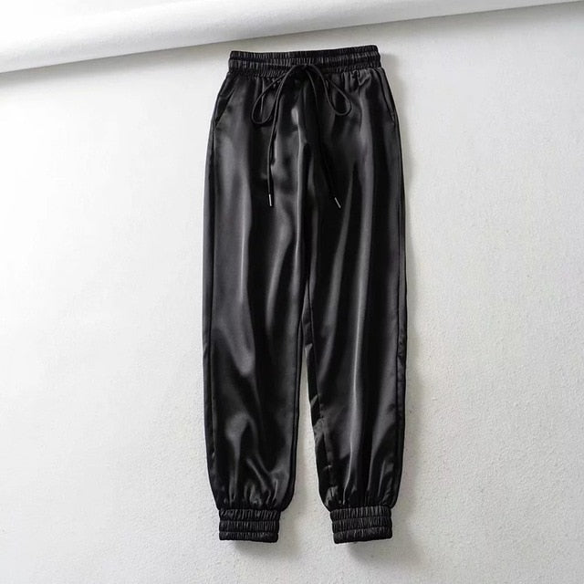 Autumn Black satin joggers women trousers high waist pants pink sweat pants green satin pants women sweatpants Winter 2019