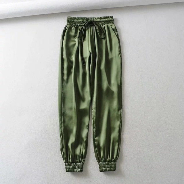 Autumn Black satin joggers women trousers high waist pants pink sweat pants green satin pants women sweatpants Winter 2019