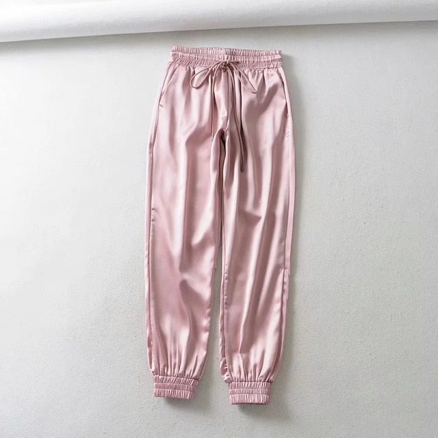 Autumn Black satin joggers women trousers high waist pants pink sweat pants green satin pants women sweatpants Winter 2019