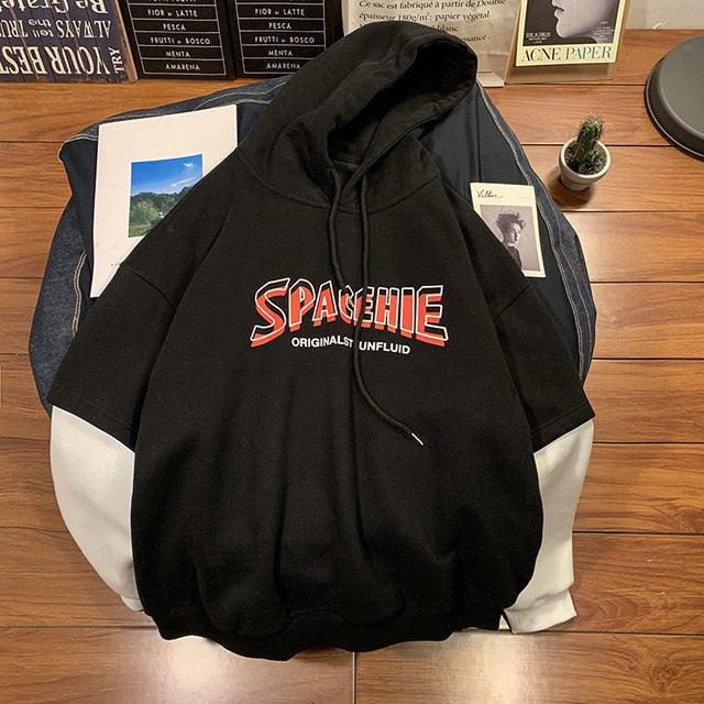 Men Harajuku Streetwear Hooded Hoodies 2020 Mens Fake Two Pieces Japanese Sweatshirts Korean Casual Black Clothes INS