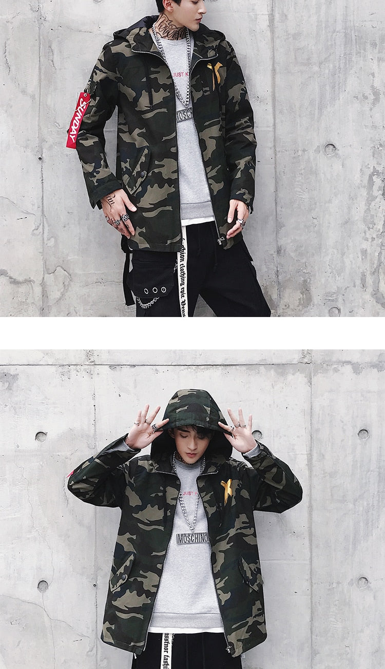 Men Streetwear Cross Hooded Jackets Coats 2020 Mens Hip Hop Windbreaker Jacket Punk Camo Fashions Windbreaker Jackets