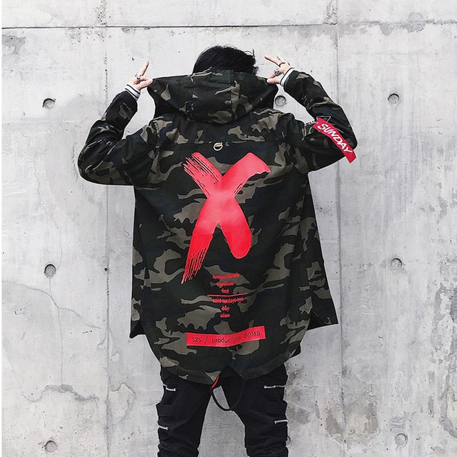 Men Streetwear Cross Hooded Jackets Coats 2020 Mens Hip Hop Windbreaker Jacket Punk Camo Fashions Windbreaker Jackets