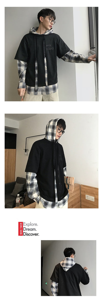 Men Streetwear Plaid Hooded Hoodies 2020 Man Patchwork Embroidery Harajuku Sweatshirts Male Hip Hop Fashions Hoodies