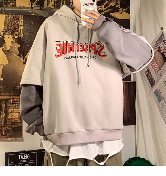 Men Harajuku Streetwear Hooded Hoodies 2020 Mens Fake Two Pieces Japanese Sweatshirts Korean Casual Black Clothes INS