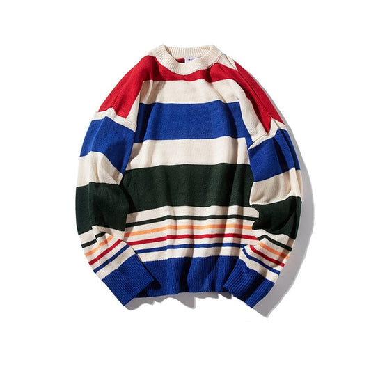 Youth Men Korean Harajuku Sweaters Pullovers 2020 Mens Striped Vintage Streetwear O-Neck Sweater Autumn Oversize Tops